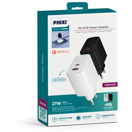 Phixi Ultimate UPD4325 27W PD Çift Çıkışlı Hızlı Şarj Adaptörü